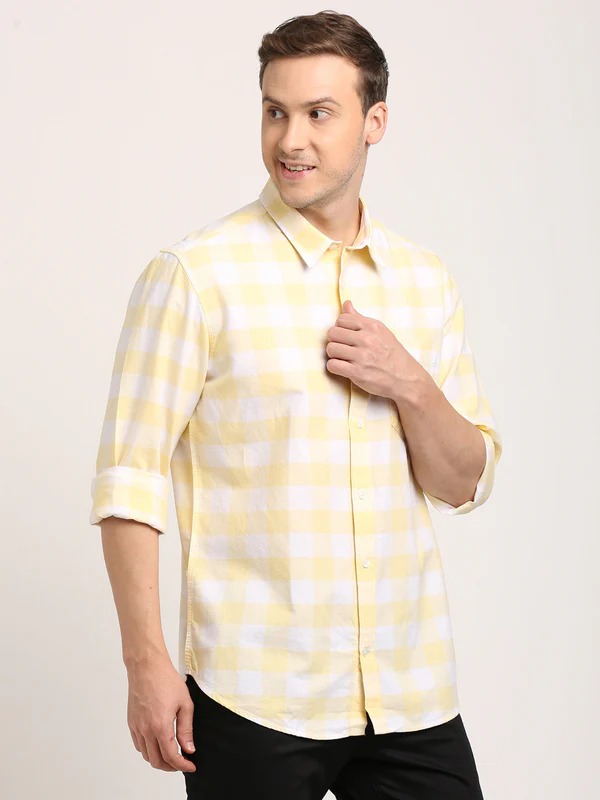 Indian Terrain Men's Regular Fit Full Sleeve Checkered Yellow Shirt